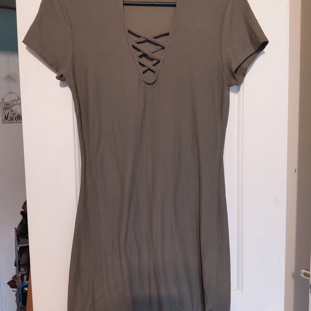 No Boundaries Olive Mini Dress with Crisscross V-Neck